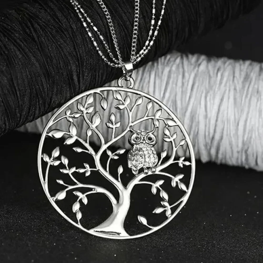 Silver Tree Of Life Diamond Owl Pendant Triple Chain Necklace